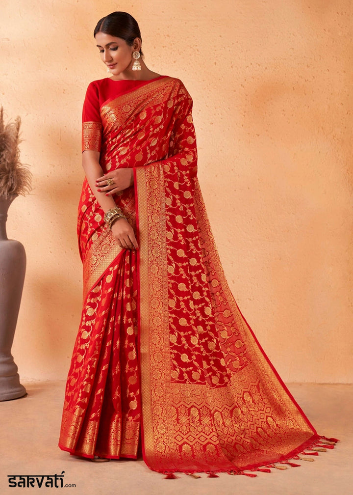 Candy Red Banarasi - Style Saree in Georgette Silk with Zari Embellishments - House of Sarvati LLC