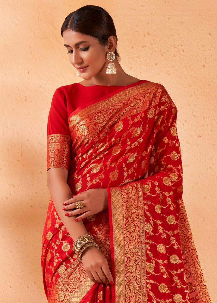 Candy Red Banarasi - Style Saree in Georgette Silk with Zari Embellishments - House of Sarvati LLC
