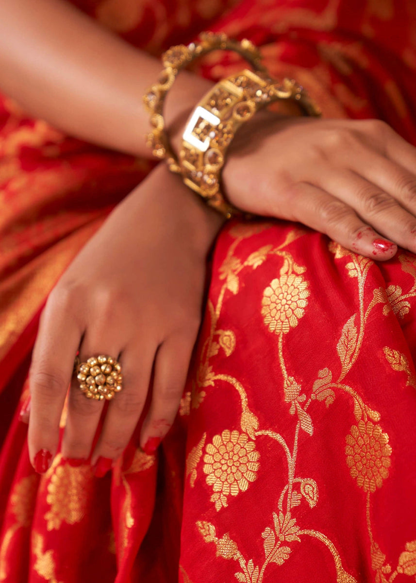 Candy Red Banarasi - Style Saree in Georgette Silk with Zari Embellishments - House of Sarvati LLC