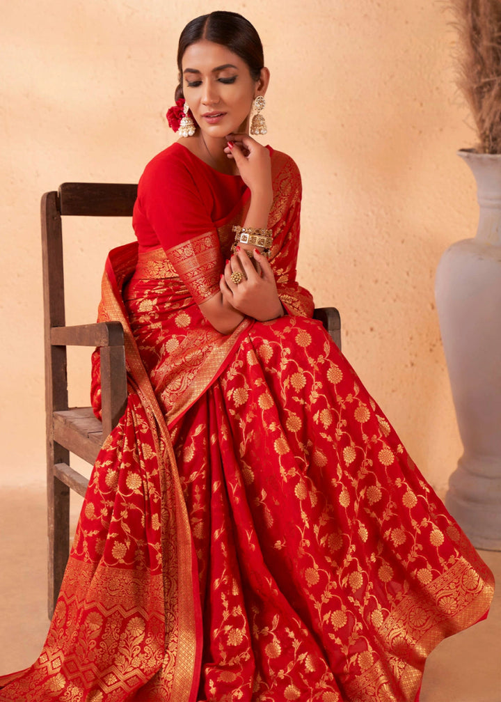 Candy Red Banarasi - Style Saree in Georgette Silk with Zari Embellishments - House of Sarvati LLC