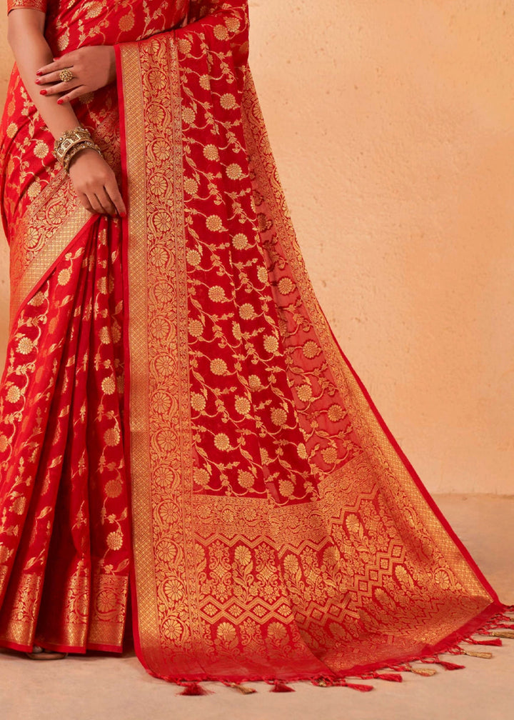 Candy Red Banarasi - Style Saree in Georgette Silk with Zari Embellishments - House of Sarvati LLC