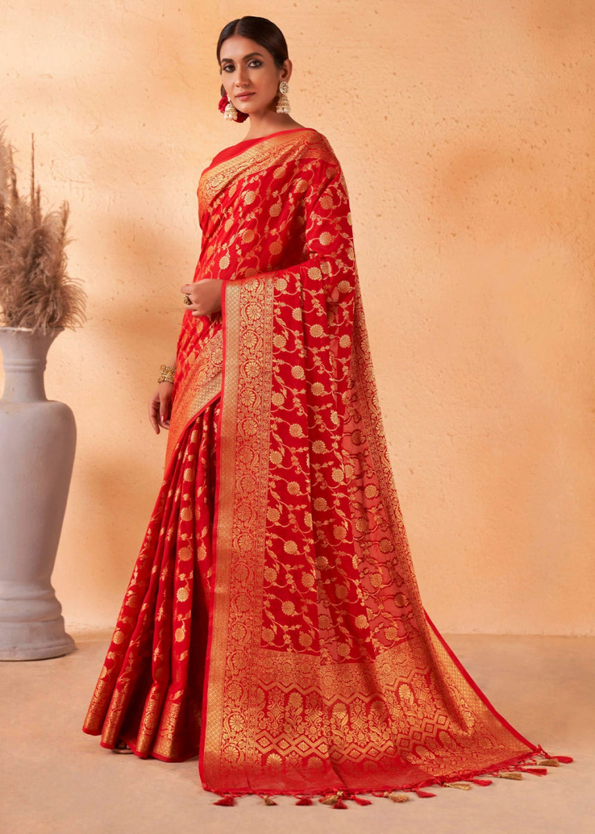 Candy Red Banarasi - Style Saree in Georgette Silk with Zari Embellishments - House of Sarvati LLC