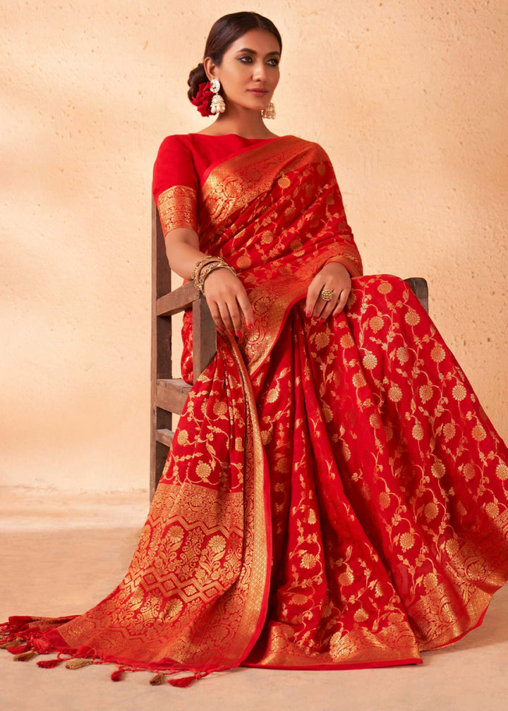 Candy Red Banarasi - Style Saree in Georgette Silk with Zari Embellishments - House of Sarvati LLC