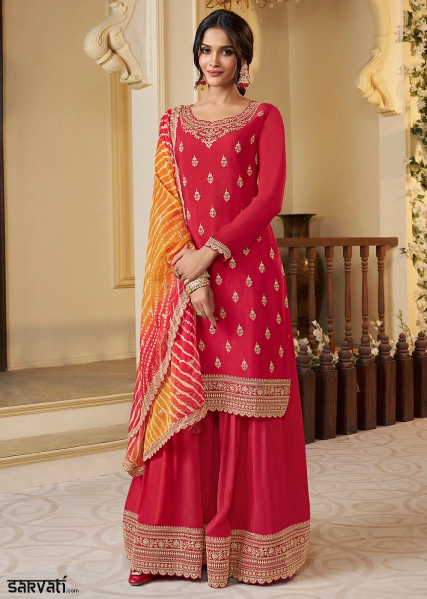 Candy Red Chinon Silk Sharara Suit with IntricateThread & Sequin Embroidery - House of Sarvati LLC