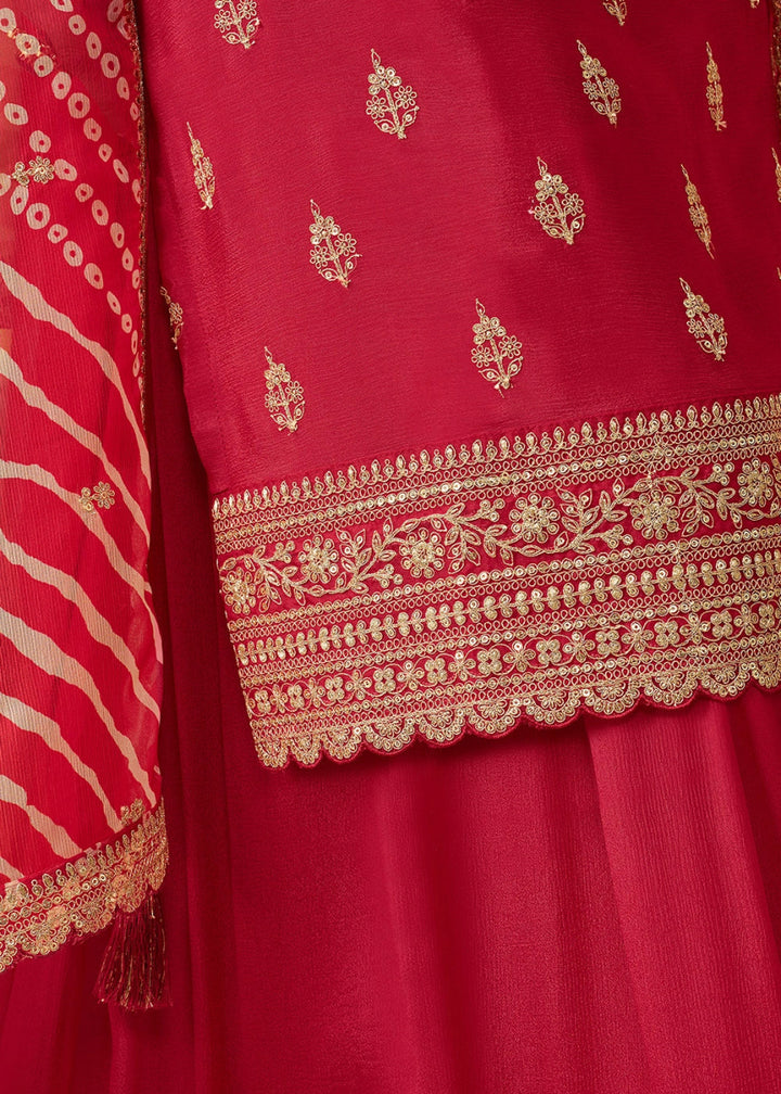Candy Red Chinon Silk Sharara Suit with IntricateThread & Sequin Embroidery - House of Sarvati LLC