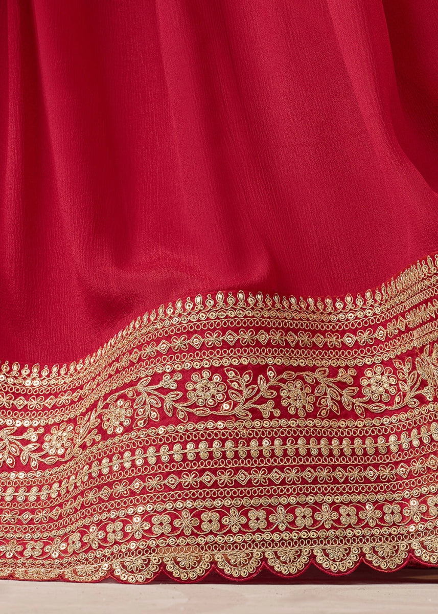 Candy Red Chinon Silk Sharara Suit with IntricateThread & Sequin Embroidery - House of Sarvati LLC