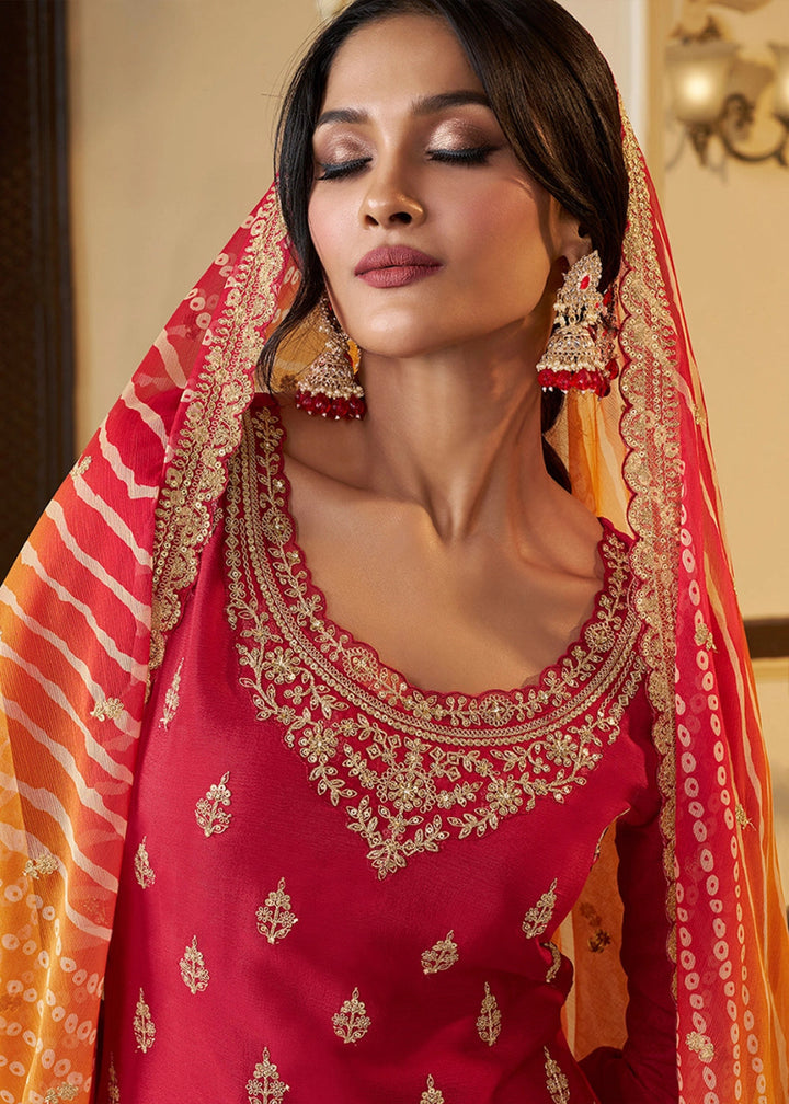 Candy Red Chinon Silk Sharara Suit with IntricateThread & Sequin Embroidery - House of Sarvati LLC