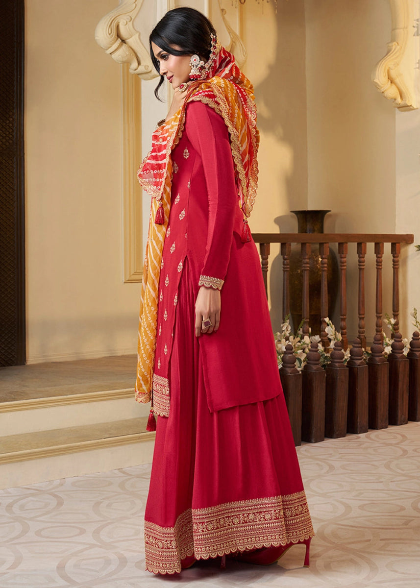 Candy Red Chinon Silk Sharara Suit with IntricateThread & Sequin Embroidery - House of Sarvati LLC