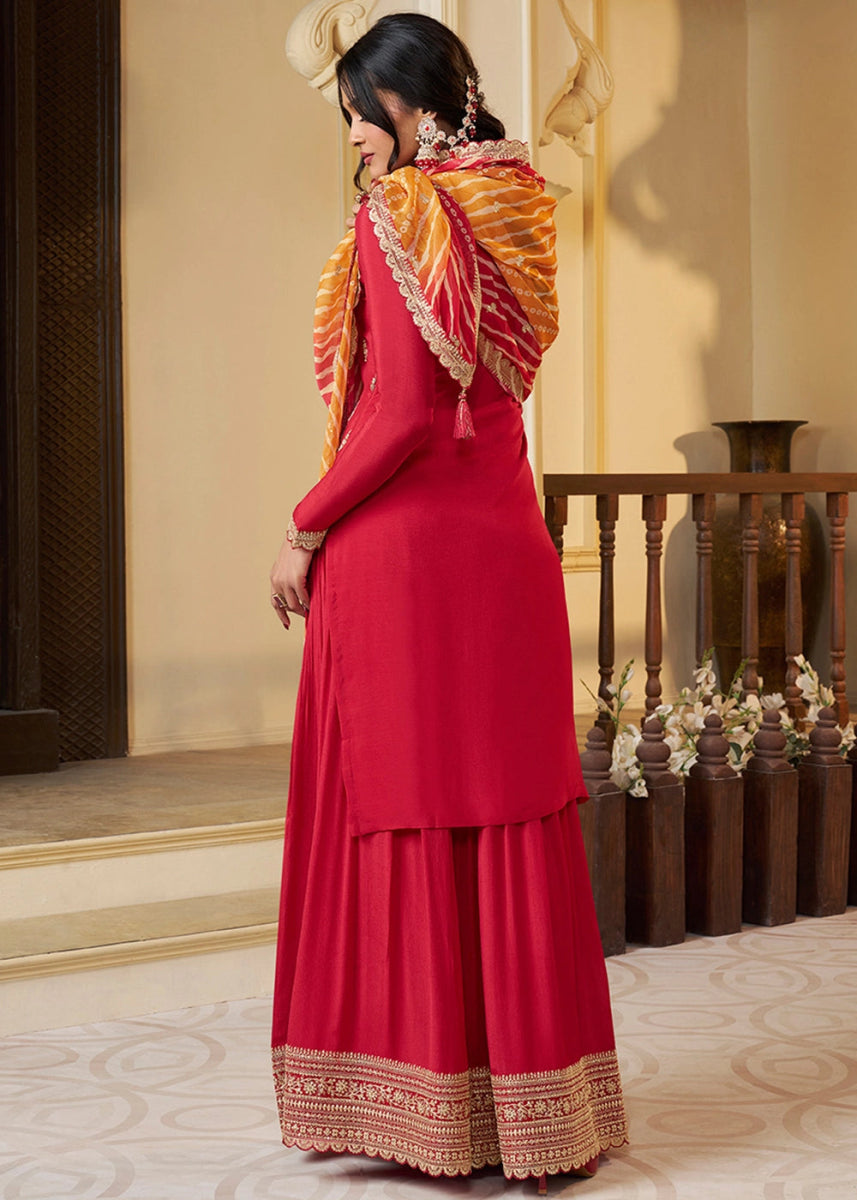 Candy Red Chinon Silk Sharara Suit with IntricateThread & Sequin Embroidery - House of Sarvati LLC