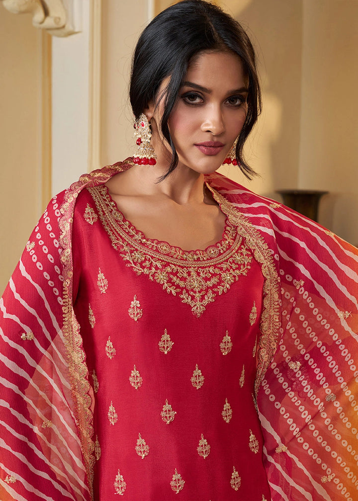 Candy Red Chinon Silk Sharara Suit with IntricateThread & Sequin Embroidery - House of Sarvati LLC