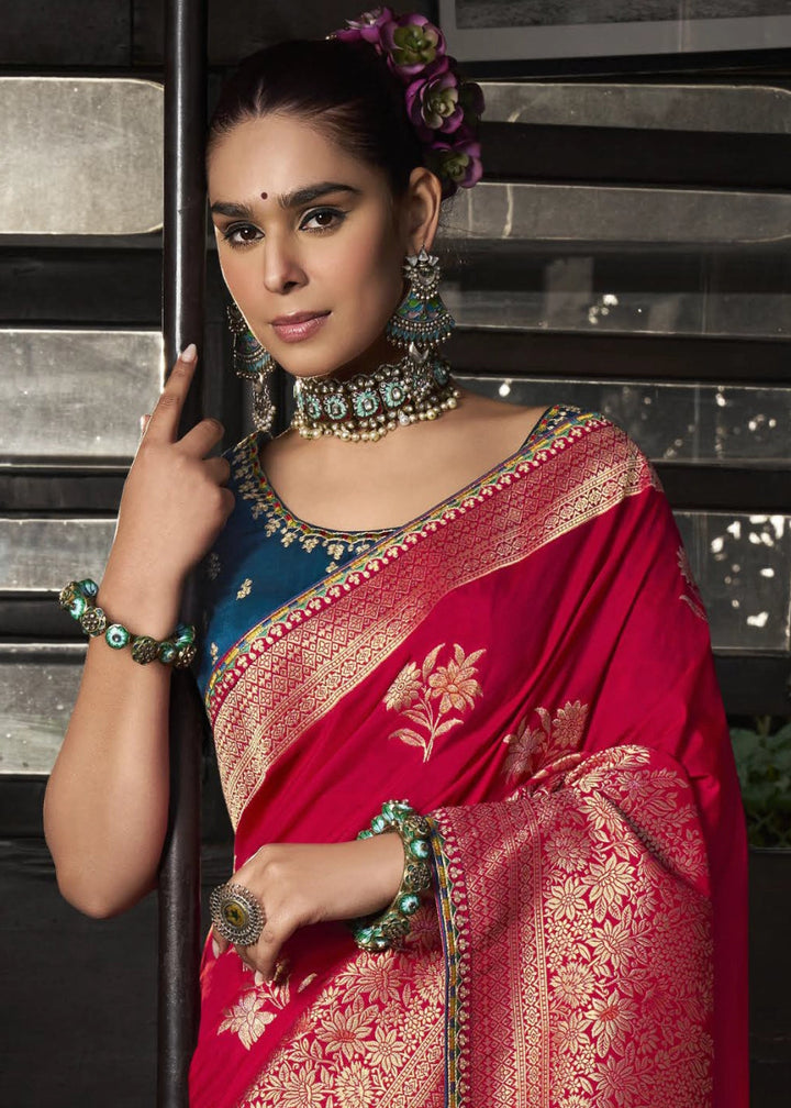 Candy Red Viscous Dola Silk Saree with Opulent Zari Work & Embellished Blouse - House of Sarvati LLC