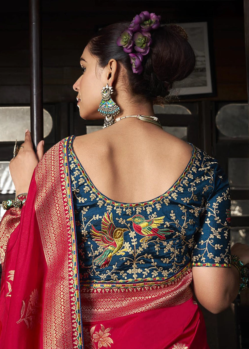 Candy Red Viscous Dola Silk Saree with Opulent Zari Work & Embellished Blouse - House of Sarvati LLC