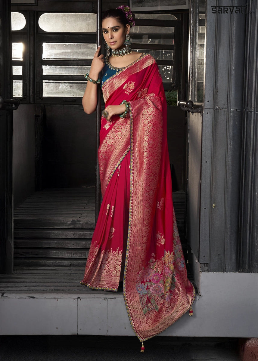 Candy Red Viscous Dola Silk Saree with Opulent Zari Work & Embellished Blouse - House of Sarvati LLC
