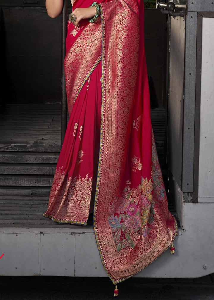 Candy Red Viscous Dola Silk Saree with Opulent Zari Work & Embellished Blouse - House of Sarvati LLC