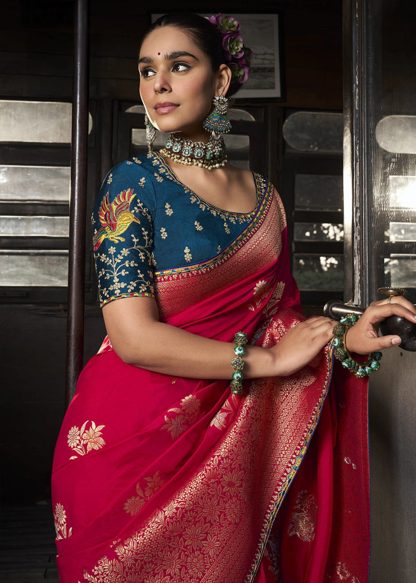Candy Red Viscous Dola Silk Saree with Opulent Zari Work & Embellished Blouse - House of Sarvati LLC