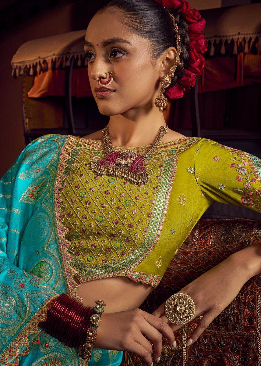 Capri Blue Viscose Silk Saree with Handcrafted Embroidered Blouse - House of Sarvati LLC