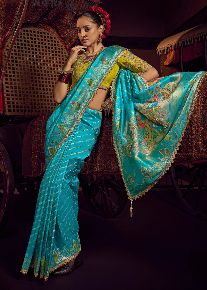 Capri Blue Viscose Silk Saree with Handcrafted Embroidered Blouse - House of Sarvati LLC