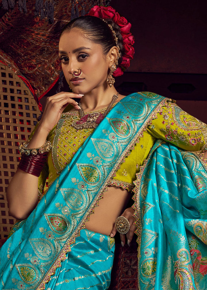 Capri Blue Viscose Silk Saree with Handcrafted Embroidered Blouse - House of Sarvati LLC