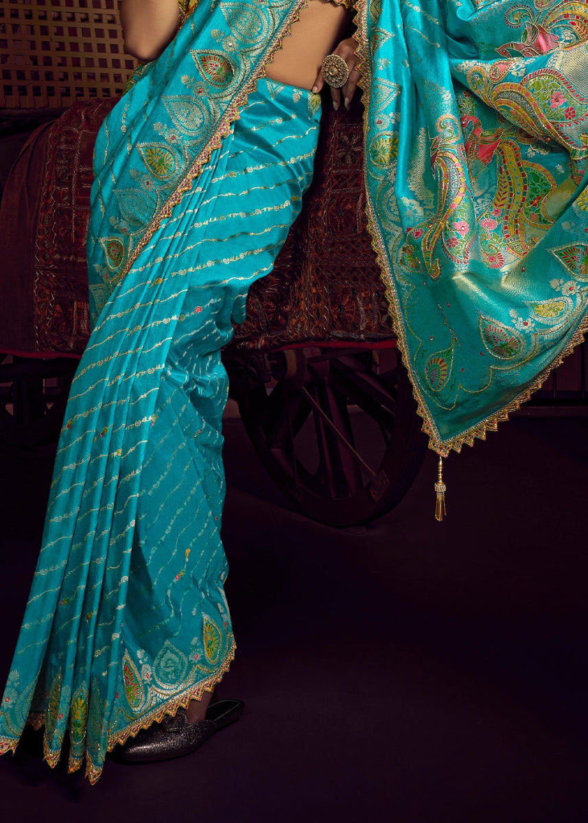 Capri Blue Viscose Silk Saree with Handcrafted Embroidered Blouse - House of Sarvati LLC