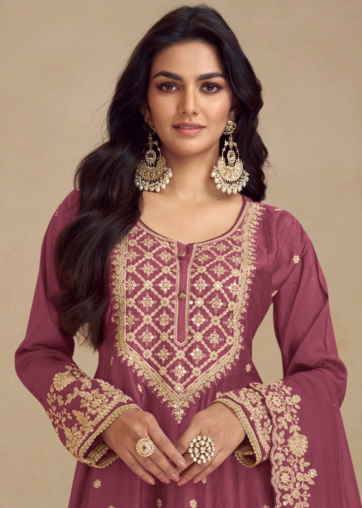 Cardinal Purple Chinon Silk Palazzo Suit with Floral Thread Embroidery - House of Sarvati LLC
