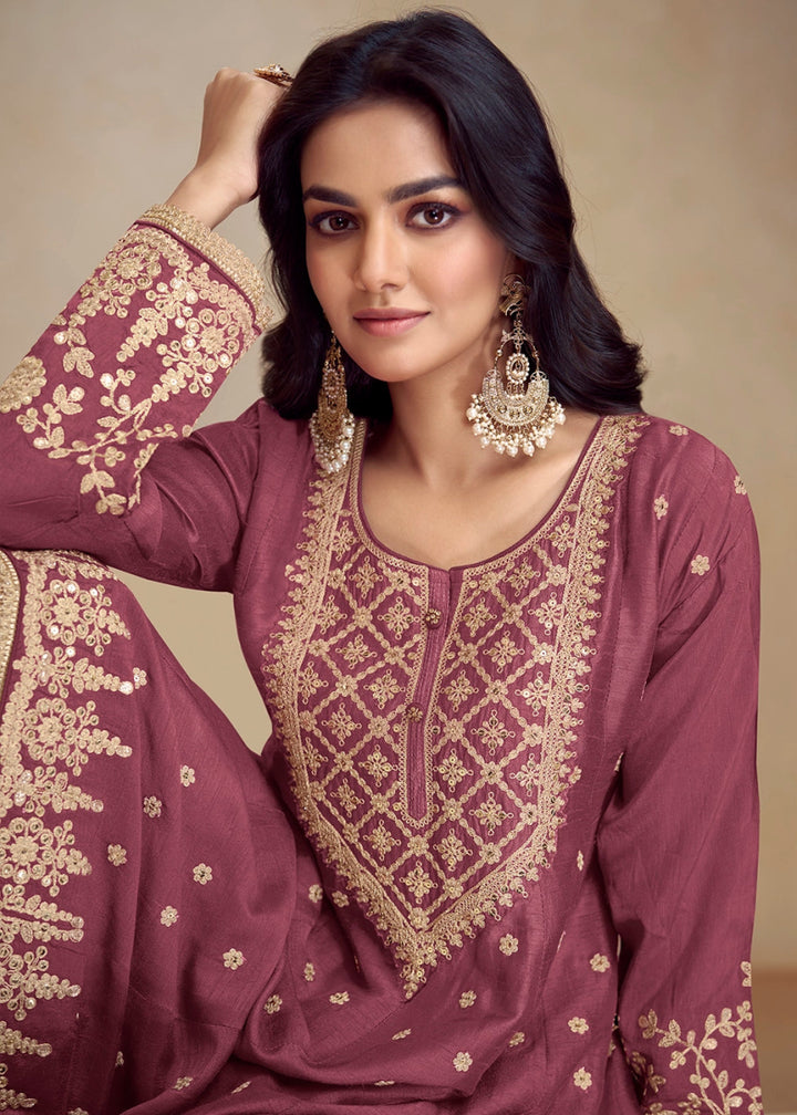 Cardinal Purple Chinon Silk Palazzo Suit with Floral Thread Embroidery - House of Sarvati LLC
