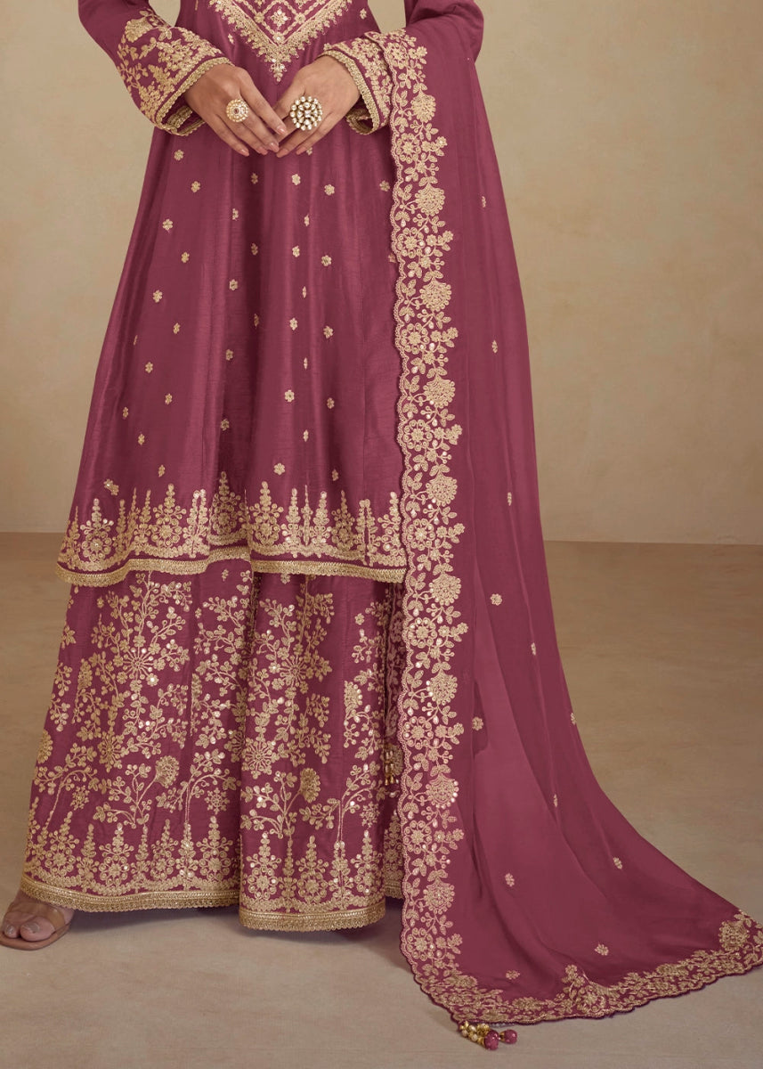 Cardinal Purple Chinon Silk Palazzo Suit with Floral Thread Embroidery - House of Sarvati LLC