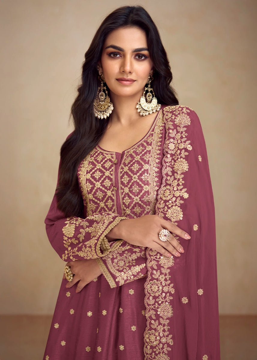 Cardinal Purple Chinon Silk Palazzo Suit with Floral Thread Embroidery - House of Sarvati LLC