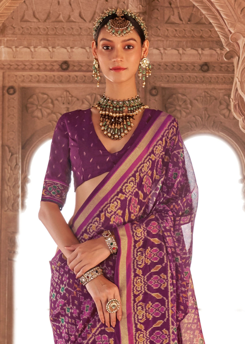 Cardinal Purple Georgette Silk Saree with Ethnic Patola Print - House of Sarvati LLC