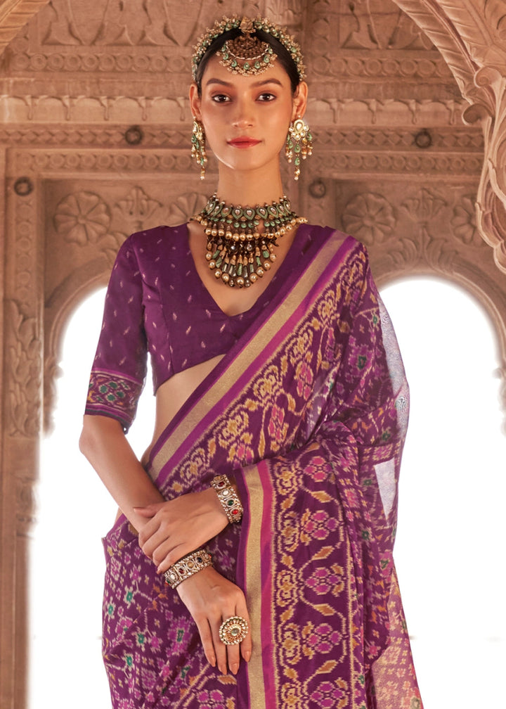 Cardinal Purple Georgette Silk Saree with Ethnic Patola Print - House of Sarvati LLC