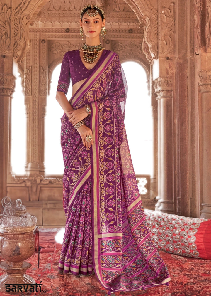 Cardinal Purple Georgette Silk Saree with Ethnic Patola Print - House of Sarvati LLC