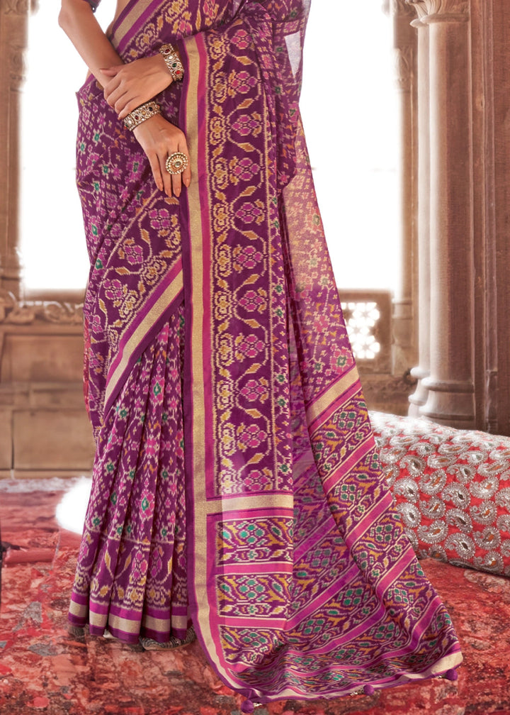 Cardinal Purple Georgette Silk Saree with Ethnic Patola Print - House of Sarvati LLC