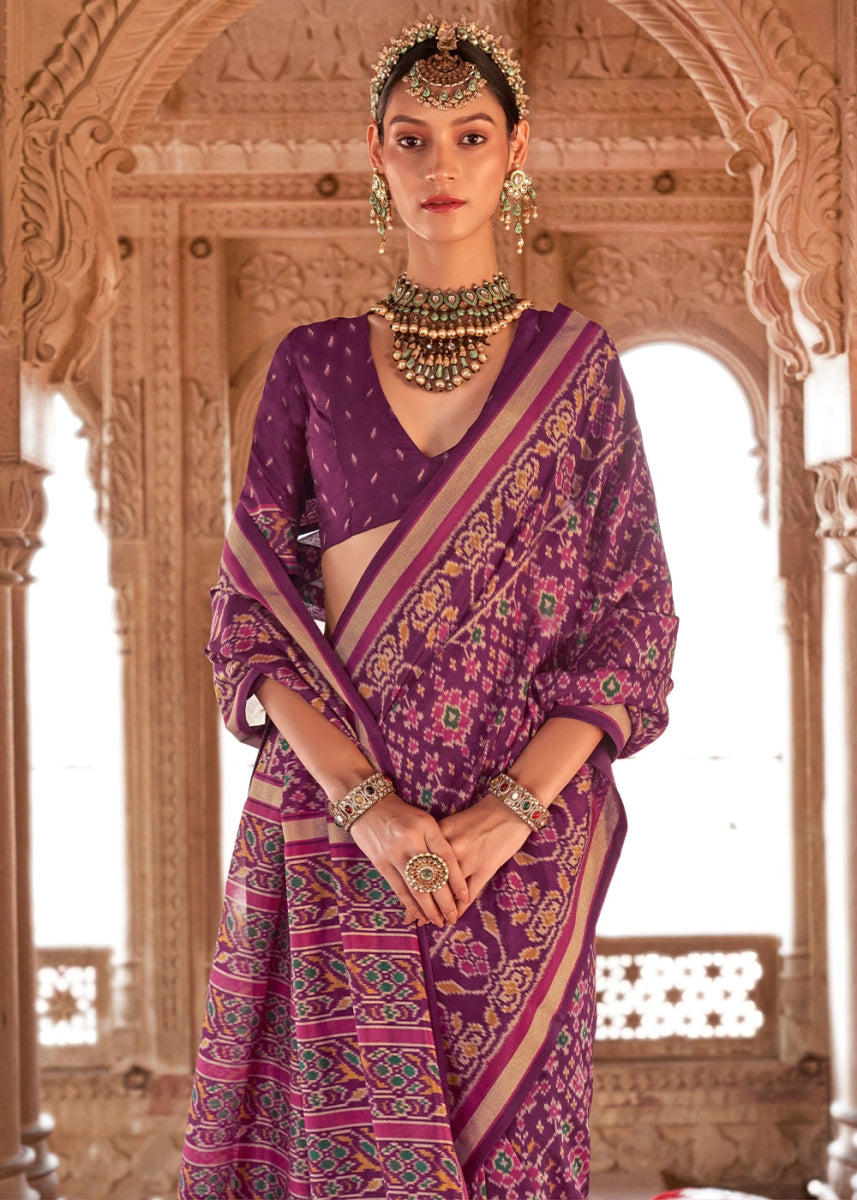 Cardinal Purple Georgette Silk Saree with Ethnic Patola Print - House of Sarvati LLC