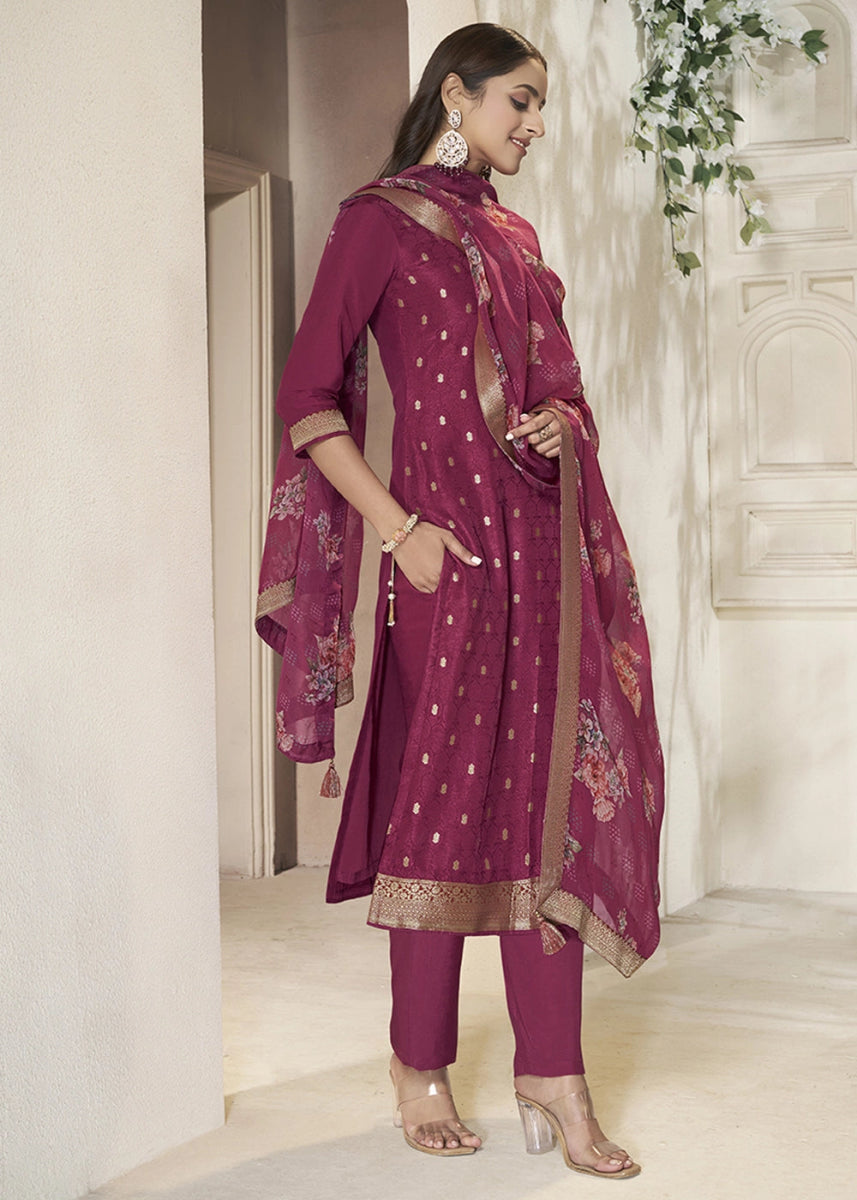 Cardinal Purple Jacquard Dola Silk Suit with Sequin Detailing - House of Sarvati LLC