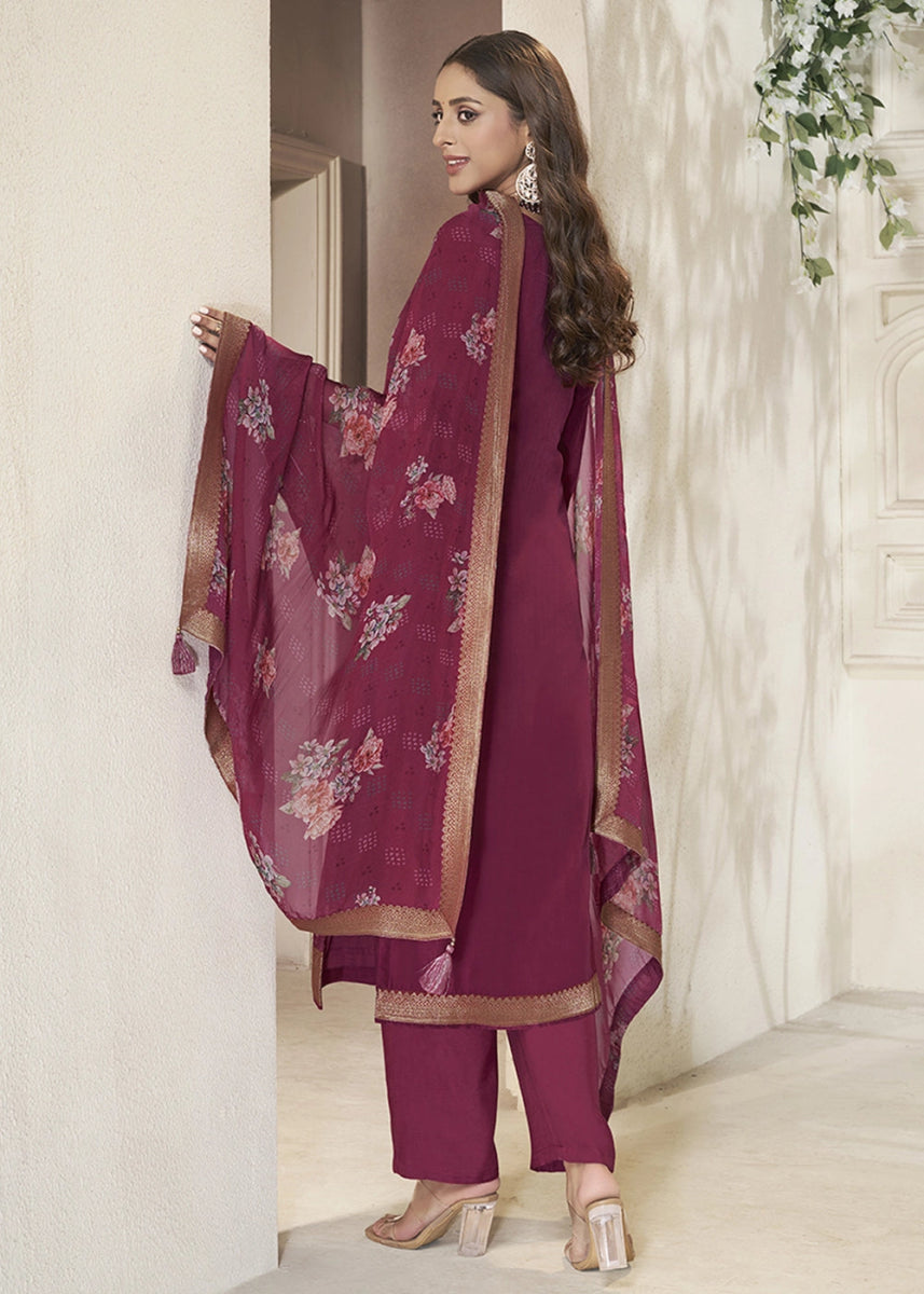 Cardinal Purple Jacquard Dola Silk Suit with Sequin Detailing - House of Sarvati LLC
