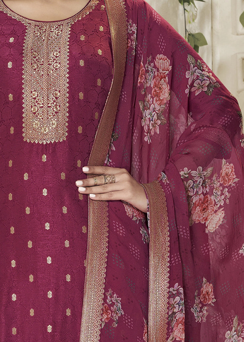 Cardinal Purple Jacquard Dola Silk Suit with Sequin Detailing - House of Sarvati LLC