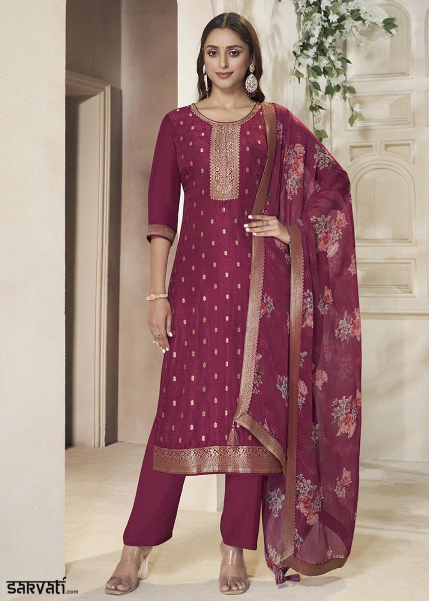 Cardinal Purple Jacquard Dola Silk Suit with Sequin Detailing - House of Sarvati LLC