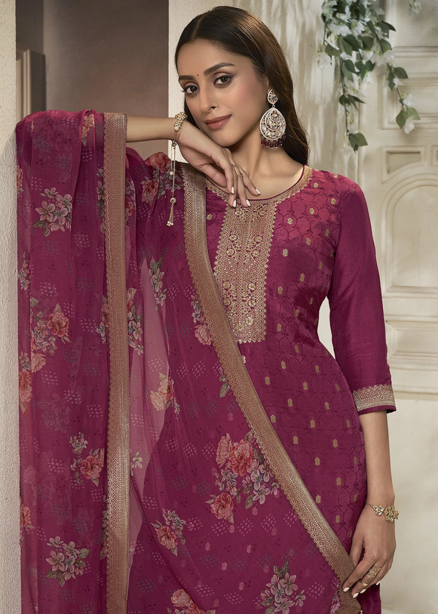 Cardinal Purple Jacquard Dola Silk Suit with Sequin Detailing - House of Sarvati LLC