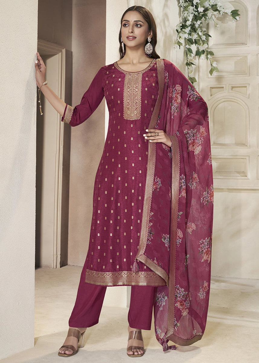 Cardinal Purple Jacquard Dola Silk Suit with Sequin Detailing - House of Sarvati LLC
