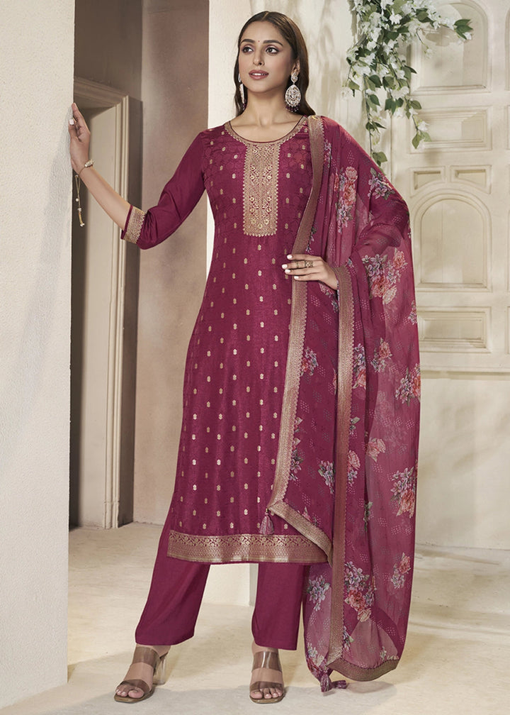 Cardinal Purple Jacquard Dola Silk Suit with Sequin Detailing - House of Sarvati LLC