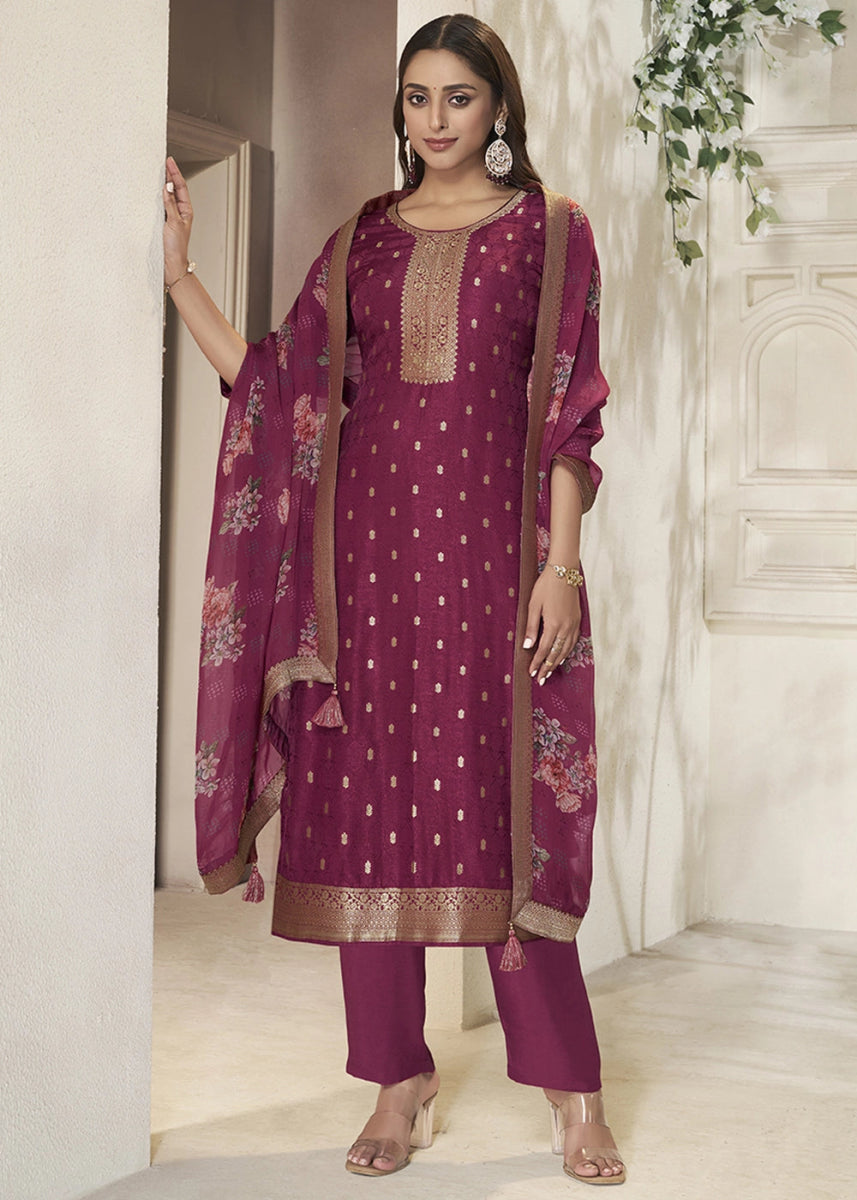 Cardinal Purple Jacquard Dola Silk Suit with Sequin Detailing - House of Sarvati LLC