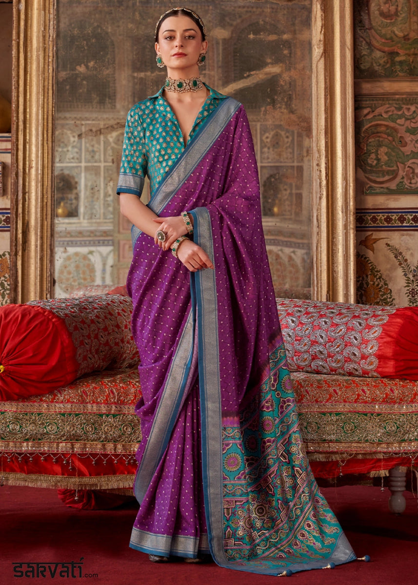 Cardinal Purple Silk Saree with Printed Patterns - House of Sarvati LLC