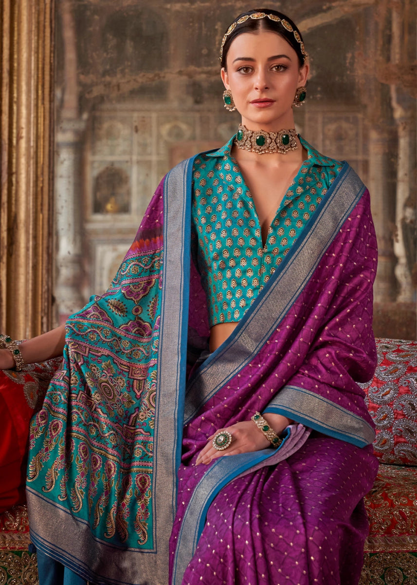 Cardinal Purple Silk Saree with Printed Patterns - House of Sarvati LLC