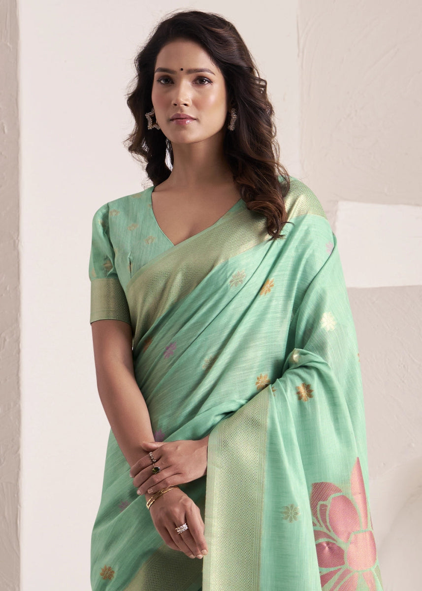 Caribbean Green Saree in Linen Silk with Artistic Floral Jacquard Pallu - House of Sarvati LLC