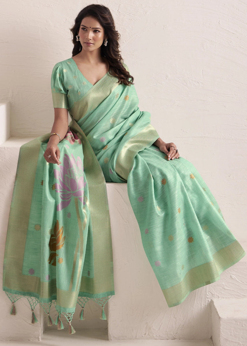 Caribbean Green Saree in Linen Silk with Artistic Floral Jacquard Pallu - House of Sarvati LLC