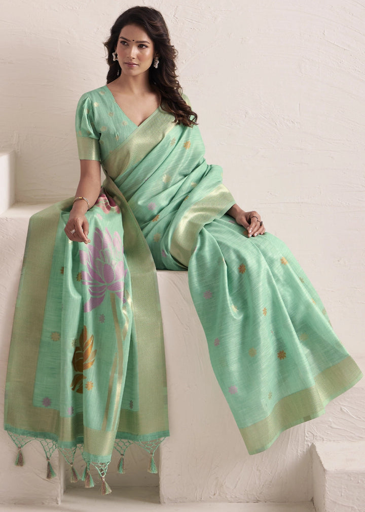 Caribbean Green Saree in Linen Silk with Artistic Floral Jacquard Pallu - House of Sarvati LLC