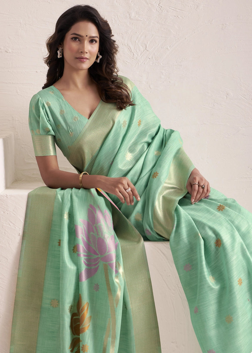 Caribbean Green Saree in Linen Silk with Artistic Floral Jacquard Pallu - House of Sarvati LLC