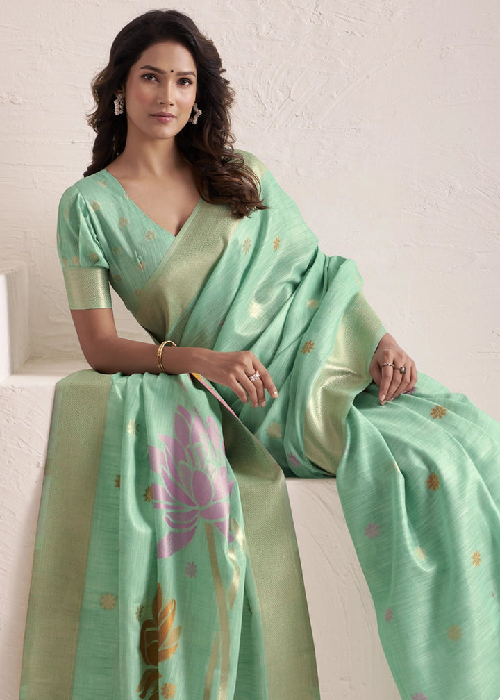 Caribbean Green Saree in Linen Silk with Artistic Floral Jacquard Pallu - House of Sarvati LLC