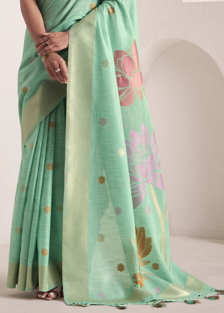 Caribbean Green Saree in Linen Silk with Artistic Floral Jacquard Pallu - House of Sarvati LLC
