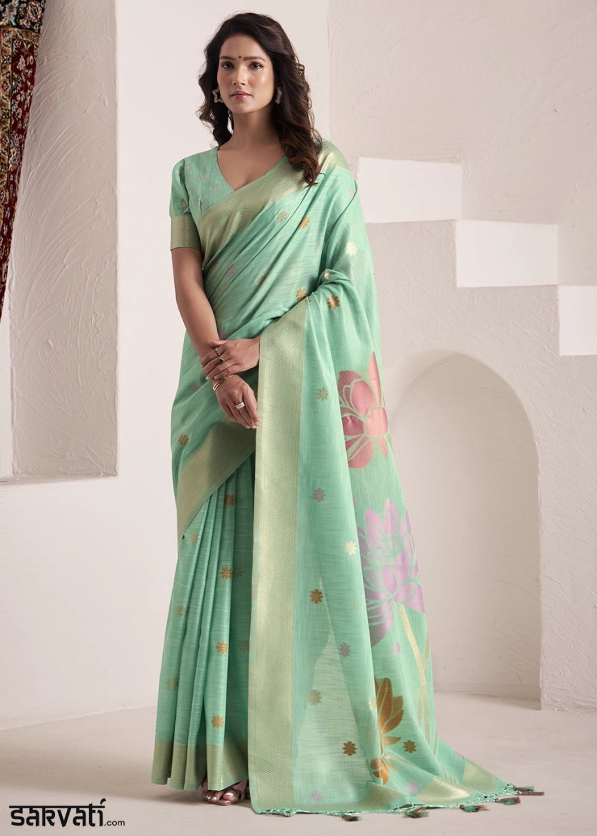 Caribbean Green Saree in Linen Silk with Artistic Floral Jacquard Pallu - House of Sarvati LLC