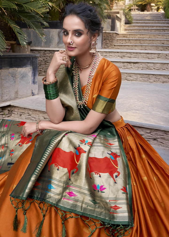 Carrot Orange Silk Lehenga Choli Featuring Paithani Jacquard Weaving - House of Sarvati LLC